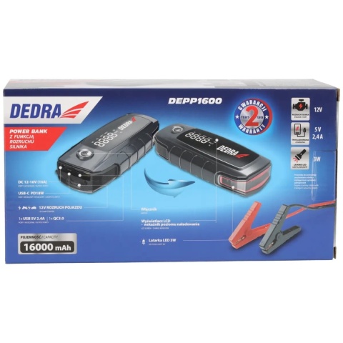 POWER-BANK Z FUNKCJĄ ROZRUCHU SILNIKA DEDRA DEPP1600 16000 mAh 1600 A 12 V Li-Ion