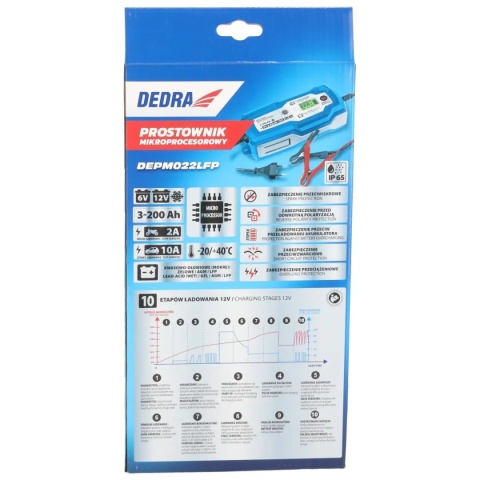 PROSTOWNIK MIKROPROCESOROWY DEDRA DEPM022LFP 6/12 V 3–200 Ah 160 W LCD 10 A