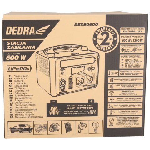 STACJA ZASILANIA DEDRA DEZS0600 600 W 640 Wh LiFePO₄ Z FUNKCJĄ ROZRUCHU 12 V