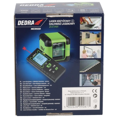 ZESTAW NARZĘDZI POMIAROWYCH: LASER KRZYŻOWY ZIELONY + DALMIERZ 40 m DEDRA MC0920