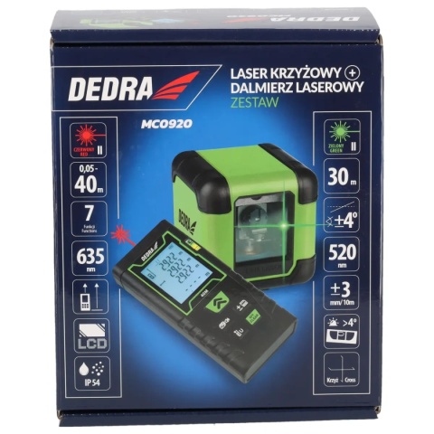 ZESTAW NARZĘDZI POMIAROWYCH: LASER KRZYŻOWY ZIELONY + DALMIERZ 40 m DEDRA MC0920