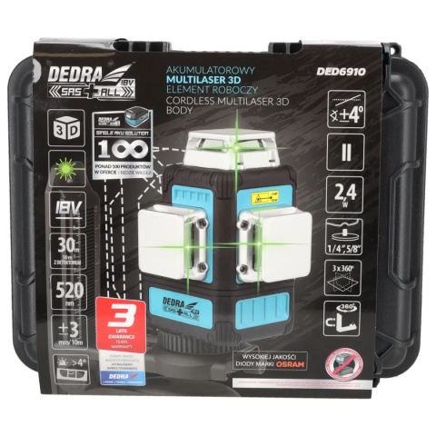 POZIOMICA LASEROWA 3D DEDRA SAS+ALL DED6910 ZIELONY LASER OSRAM – MULTILASER 3D - BEZ AKUMULATORA
