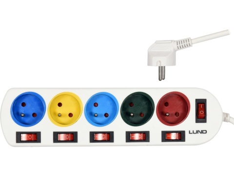 PRZEDŁUŻACZ LISTWA PRĄDOWA LUND 5 GNIAZD Z UZIEMIENIEM, INDYWIDUALNE WYŁĄCZNIKI, 2 M, 3X1,0 MM²