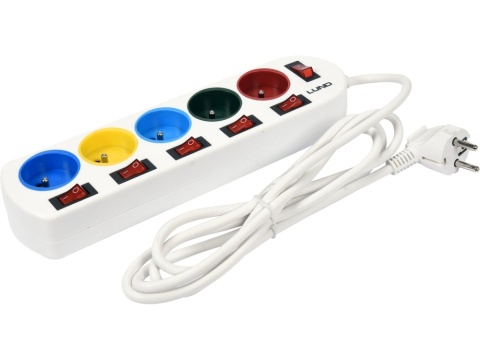 PRZEDŁUŻACZ LISTWA PRĄDOWA LUND 5 GNIAZD Z UZIEMIENIEM, INDYWIDUALNE WYŁĄCZNIKI, 2 M, 3X1,0 MM²