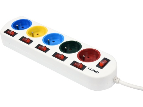 PRZEDŁUŻACZ LISTWA PRĄDOWA LUND 5 GNIAZD Z UZIEMIENIEM, INDYWIDUALNE WYŁĄCZNIKI, 2 M, 3X1,0 MM²