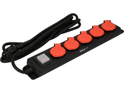 PRZEDŁUŻACZ LISTWA ZASILAJĄCA WARSZTATOWA YATO 3 × 1,5 mm² – 3 m – IP44, 5 GNIAZDA Z UZIEMIENIEM, WYŁĄCZNIK