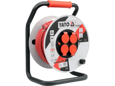 PRZEDŁUŻACZ NA BĘBNIE YATO 3 × 2,5 mm² – 30 m – 4 GNIAZDA IP44, ZABEZPIECZENIE TERMICZNE