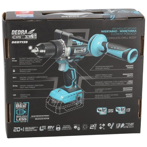 WIERTARKO-WKRĘTARKA AKUMULATOROWA BEZSZCZOTKOWA DEDRA SAS+ALL DED7139 18V 85 Nm – BEZ AKUMULATORA