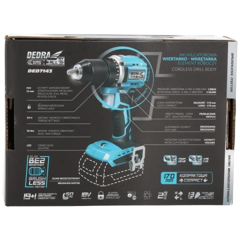 WIERTARKO-WKRĘTARKA AKUMULATOROWA BEZSZCZOTKOWA DEDRA SAS+ALL DED7143 18V 50 Nm KOMPAKTOWA – BEZ AKUMULATORA