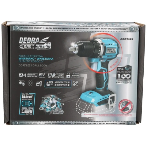 WIERTARKO-WKRĘTARKA AKUMULATOROWA BEZSZCZOTKOWA DEDRA SAS+ALL DED7143 18V 50 Nm KOMPAKTOWA – BEZ AKUMULATORA
