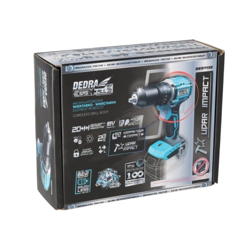 WIERTARKO-WKRĘTARKA AKUMULATOROWA BEZSZCZOTKOWA Z UDAREM DEDRA SAS+ALL DED7138 18V 50 Nm KOMPAKTOWA - BEZ AKUMULATORA