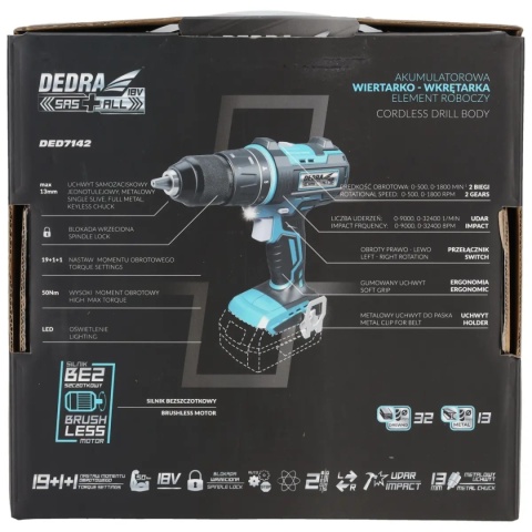 WIERTARKO-WKRĘTARKA AKUMULATOROWA DEDRA SAS+ALL DED7142 18V 50 Nm Z UDAREM BEZSZCZOTKOWA – BEZ AKUMULATORA