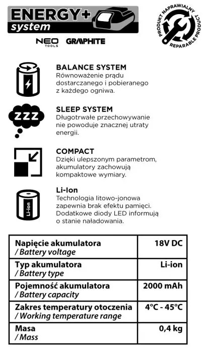 AKUMULATOR GRAPHITE ENERGY+ 18V LI-ION 2.0AH - 58G001-1