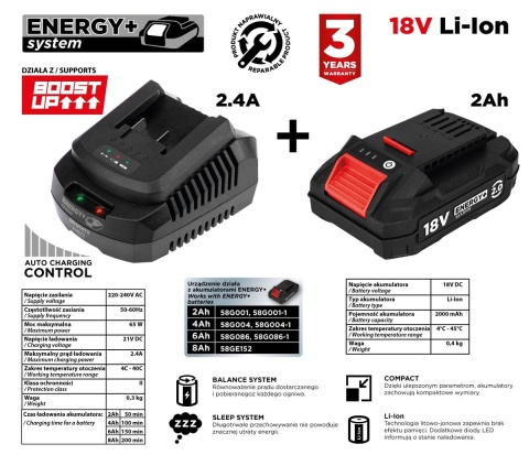 ZESTAW ENERGY+: AKUMULATOR 2AH Z ŁADOWARKĄ GRAPHITE - 58GE131-1