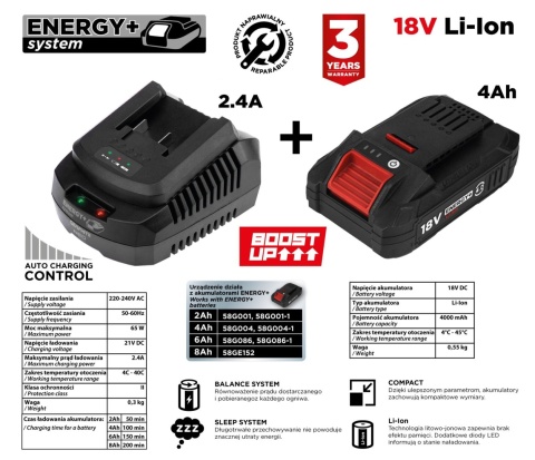 ZESTAW ENERGY+: AKUMULATOR 4AH BOOST UP Z ŁADOWARKĄ GRAPHITE - 58GE132-1