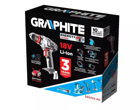WIERTARKO-WKRĘTARKA AKUMULATOROWA GRAPHITE ENERGY+ 18V, ADAPTER KĄTOWY I KRAWĘDZIOWY, BEZ AKUMULATORA - 58G022-AD