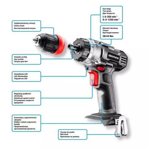 WIERTARKO-WKRĘTARKA GRAPHITE ENERGY+ 18V LI-ION, ZDEJMOWANY UCHWYT 10 MM, 2 x AKUMULATOR 2AH, ŁADOWARKA, WALIZKA - 58G022-SET2