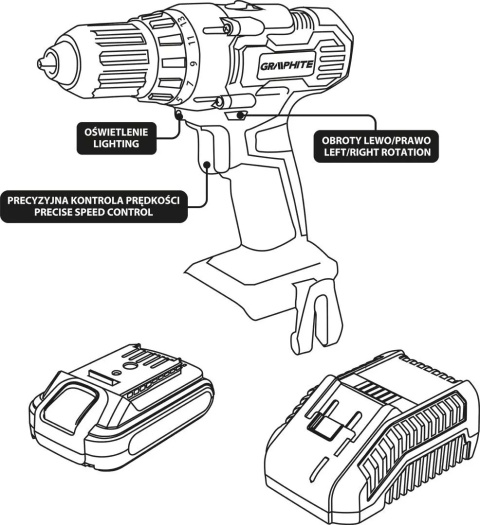 WIERTARKO-WKRĘTARKA AKUMULATOROWA GRAPHITE ENERGY+ 18V LI-ION, UCHWYT 10 MM, AKUMULATOR 2AH, ŁADOWARKA - 58G000-SET1