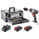 ZESTAW ENERGY+ W WALIZCE ALUMINIOWEJ: WIERTARKO-WKRĘTARKA GRAPHITE 18V 10MM, 2 x AKUMULATOR 2AH, 109 AKCESORIÓW - 58G022-PS15