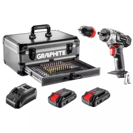 ZESTAW ENERGY+ W WALIZCE ALUMINIOWEJ: WIERTARKO-WKRĘTARKA GRAPHITE 18V 10MM, 2 x AKUMULATOR 2AH, 109 AKCESORIÓW - 58G022-PS15