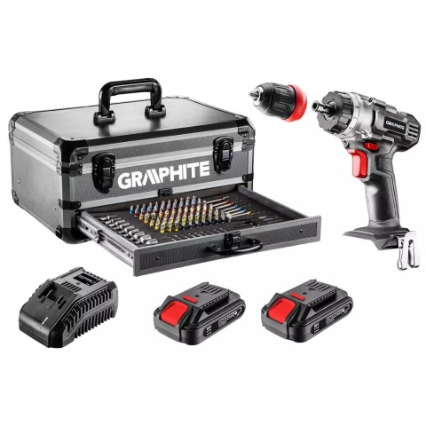 ZESTAW ENERGY+ W WALIZCE ALUMINIOWEJ: WIERTARKO-WKRĘTARKA GRAPHITE 18V 10MM, 2 x AKUMULATOR 2AH, 109 AKCESORIÓW - 58G022-PS15