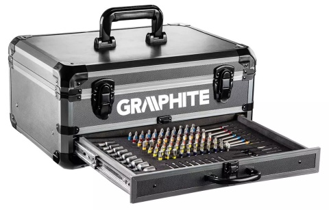 ZESTAW ENERGY+ W WALIZCE ALUMINIOWEJ: WIERTARKO-WKRĘTARKA GRAPHITE 18V 10MM, 2 x AKUMULATOR 2AH, 109 AKCESORIÓW - 58G022-PS15