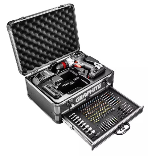 ZESTAW ENERGY+ W WALIZCE ALUMINIOWEJ: WIERTARKO-WKRĘTARKA GRAPHITE 18V 10MM, 2 x AKUMULATOR 2AH, 109 AKCESORIÓW - 58G022-PS15