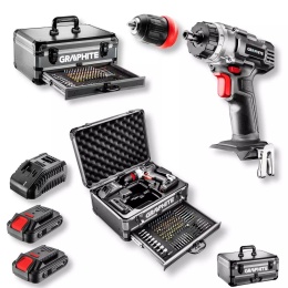 ZESTAW ENERGY+ W WALIZCE ALUMINIOWEJ: WIERTARKO-WKRĘTARKA GRAPHITE 18V 10MM, 2 x AKUMULATOR 2AH, 109 AKCESORIÓW - 58G022-PS15