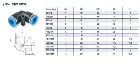 ZŁĄCZKA WTYKOWA KĄTOWA DWUSTRONNA, KOLANKO TYPU L 90° RQS 10 MM – 10 MM, TEKALAN - RQSL 100