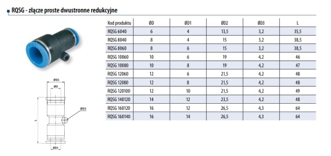 ZŁĄCZKA WTYKOWA PROSTA DWUSTRONNA REDUKCYJNA RQS 12 MM – 10 MM, TEKALAN - RQSG 120100