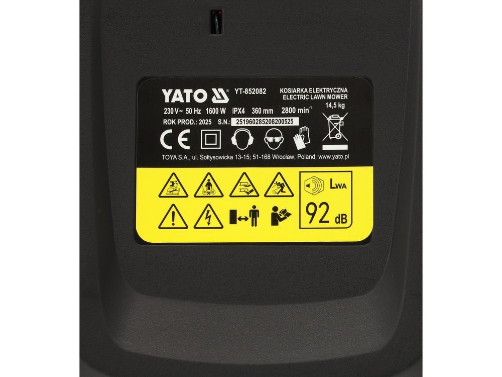 KOSIARKA ELEKTRYCZNA YATO 1600W, SILNIK INDUKCYJNY, 360 MM - YT-852082 - obrazek 15