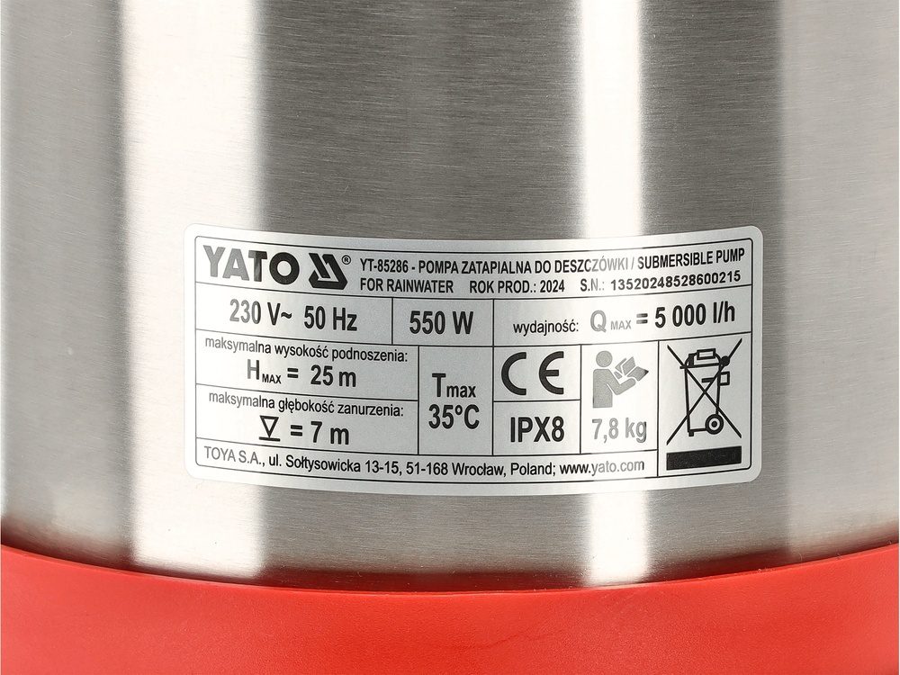POMPA DO DESZCZÓWKI MULTI INOX YATO 550W Z PŁYWAKIEM - YT-85286 - obrazek 11