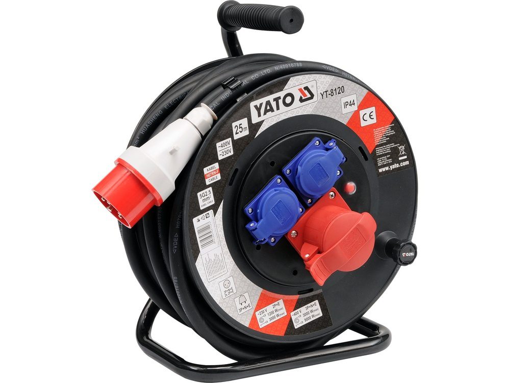 PRZEDŁUŻACZ BĘBNOWY SIŁOWY YATO 5 × 2,5 mm² - 25 m - IP44, 230/400 V, 3 GNIAZDA - YT-8120