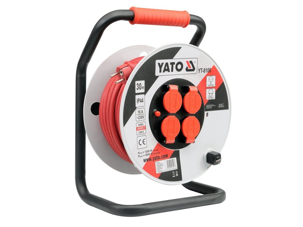 PRZEDŁUŻACZ NA BĘBNIE YATO 3 × 2,5 mm² - 40 m - 4 GNIAZDA IP44, ZABEZPIECZENIE TERMICZNE - YT-8107
