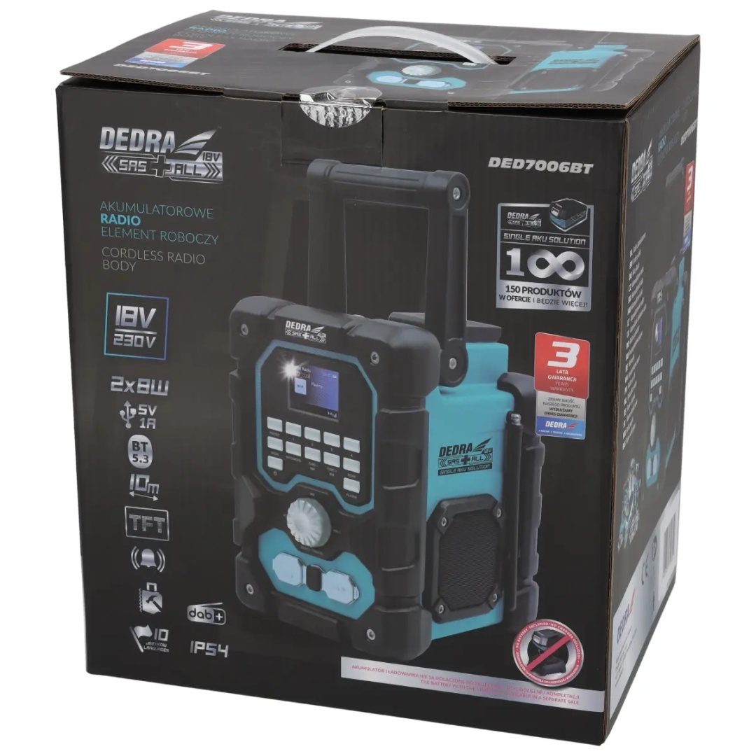 RADIO WARSZTATOWE AKUMULATOROWE DEDRA SAS+ALL 18V DAB+/FM BLUETOOTH USB – BEZ AKUMULATORA - DED7006BT - obrazek 11