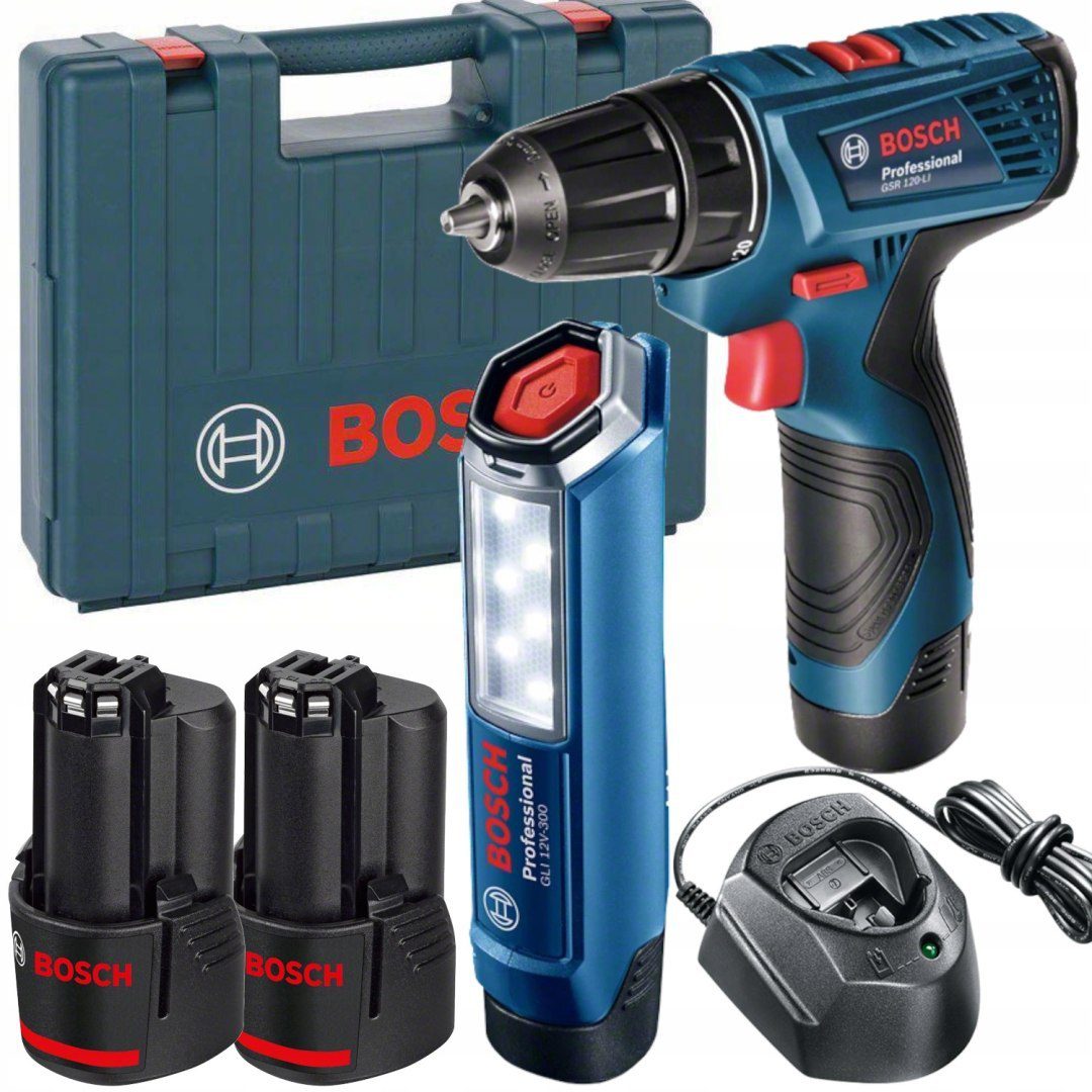 WIERTARKO-WKRĘTARKA AKUMULATOROWA BOSCH GSR 120-LI 12 V 30 Nm 2×2.0 Ah + LATARKA GLI 12V-300 WALIZKA
