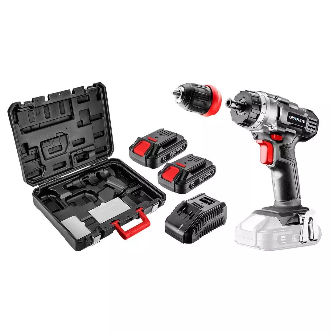 WIERTARKO-WKRĘTARKA GRAPHITE ENERGY+ 18V LI-ION, ZDEJMOWANY UCHWYT 10 MM, 2 x AKUMULATOR 2AH, ŁADOWARKA, WALIZKA - 58G022-SET2