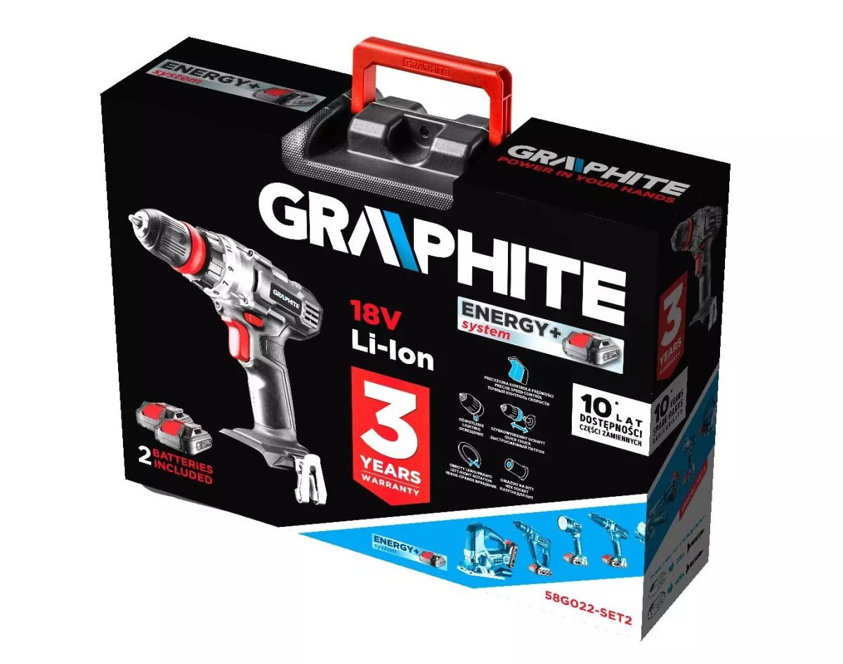 WIERTARKO-WKRĘTARKA GRAPHITE ENERGY+ 18V LI-ION, ZDEJMOWANY UCHWYT 10 MM, 2 x AKUMULATOR 2AH, ŁADOWARKA, WALIZKA - 58G022-SET2 - obrazek 6