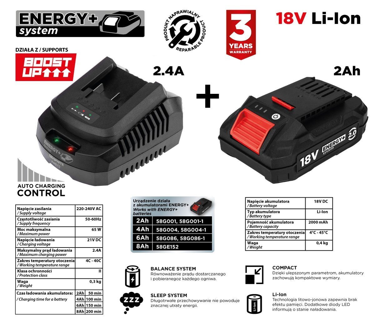 ZESTAW ENERGY+: AKUMULATOR 2AH Z ŁADOWARKĄ GRAPHITE - 58GE131-1 - obrazek 13